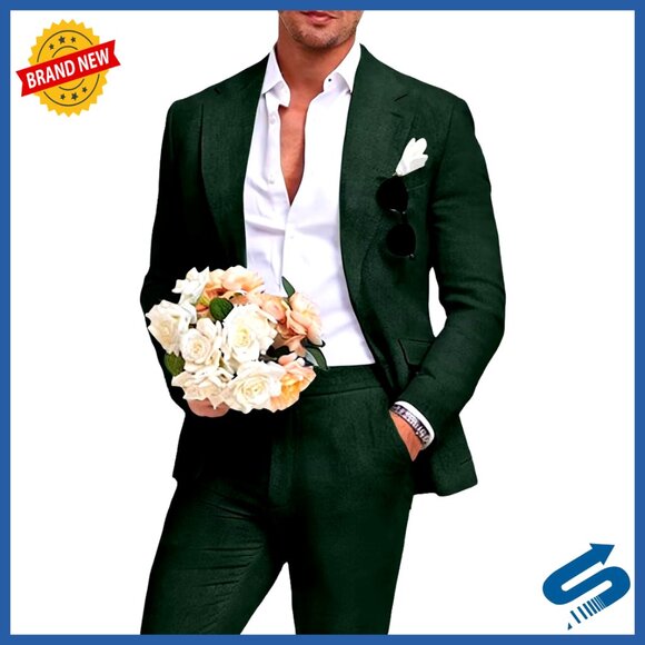 Men's Linen Suit 2 Piece Slim Fit Blazer Pants Wedding Party Business